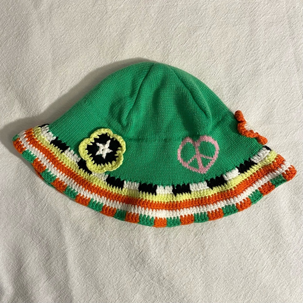 Jaded London Multicolor Crochet Bucket Hat With Flower Appliqués